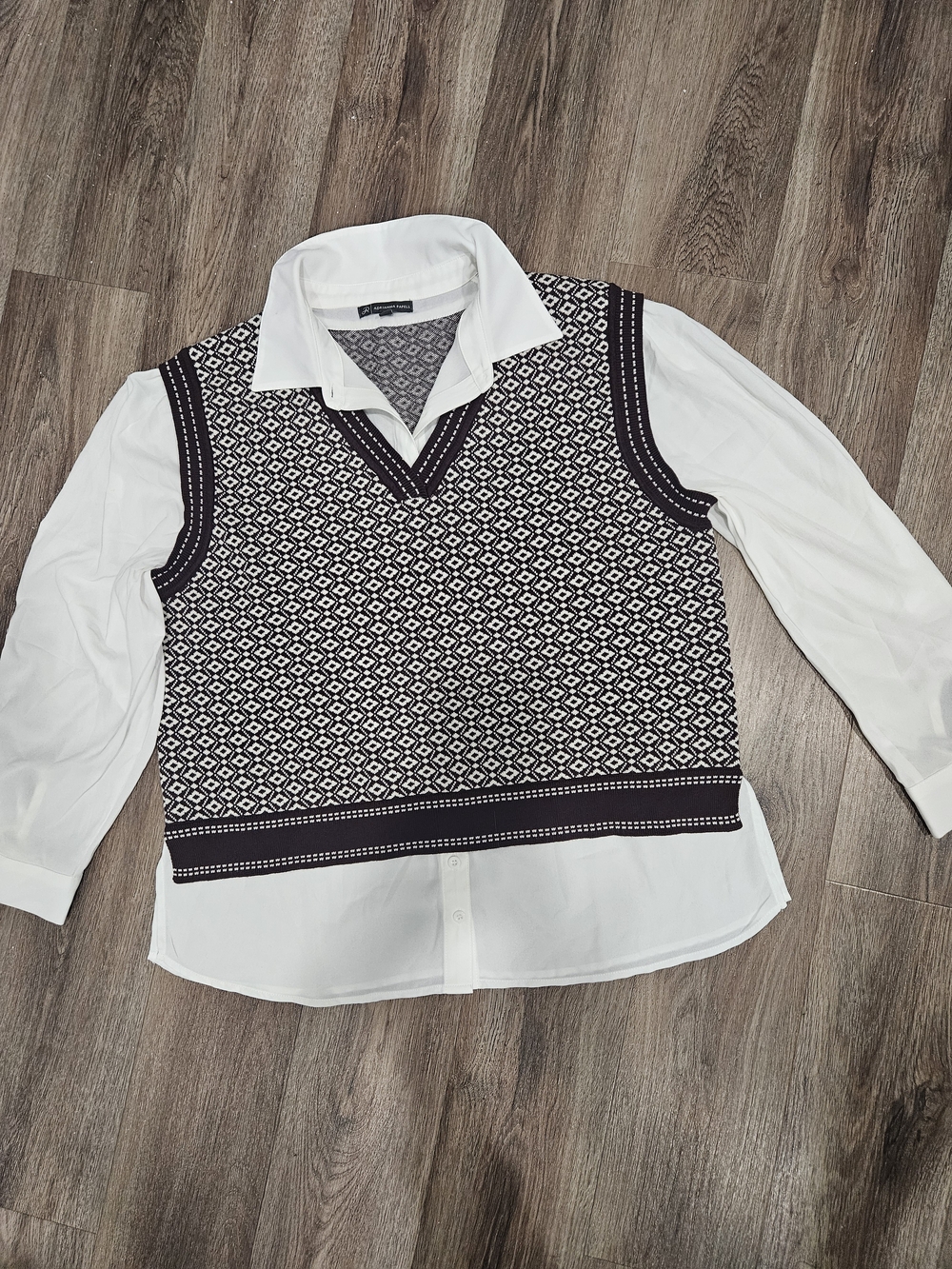 Adrianna Papell White Shirt with Black Geometric Sweater Vest